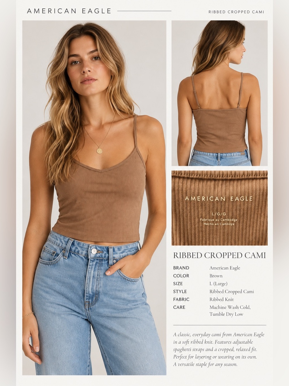 American Eagle Outfitters Ribbed Cropped Cami in Brown